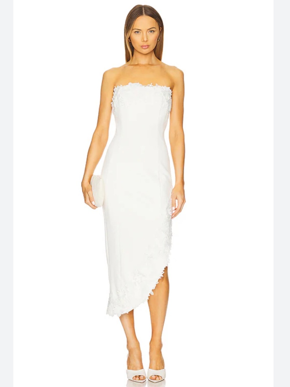 GENERATION LOVE Strapless 

3 d Lace-Trim Midi Dress in White